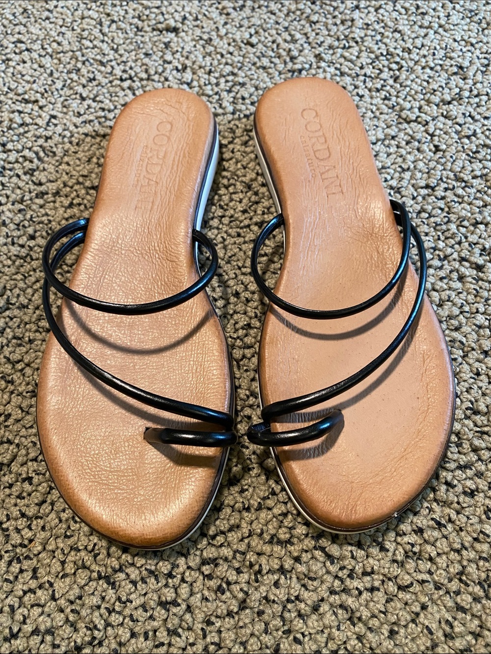 Cordani Black Strappy Toe-Ring Slide Sandals with Tan Footbed